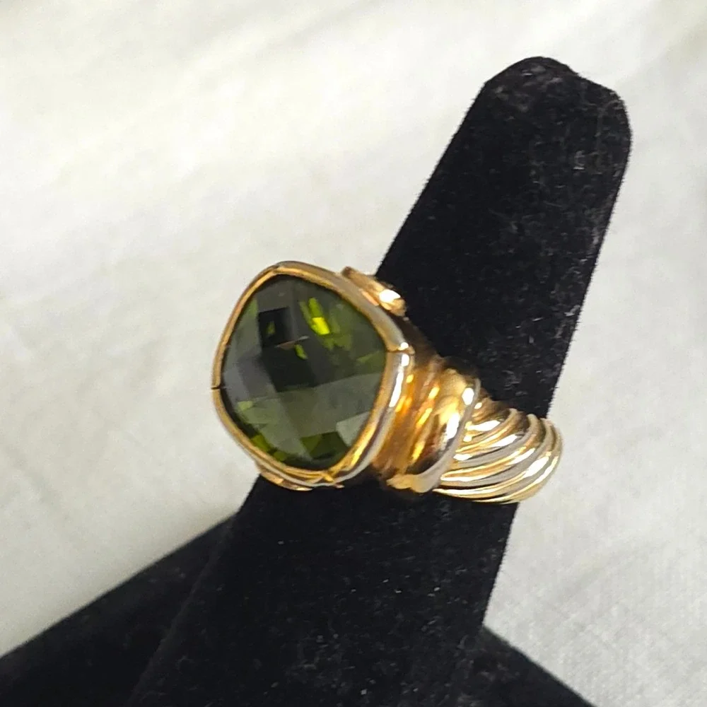 Vintage Sterling 925 Gold Tone Chunky Ring Green Faceted Glass Stone PAS Size 8